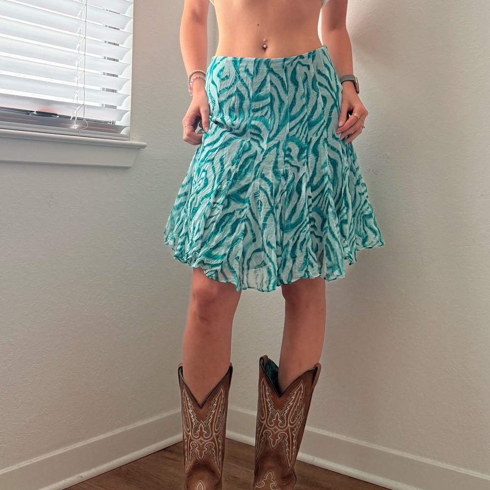 Ice Zebra Print Skater Skirt in Teal and White